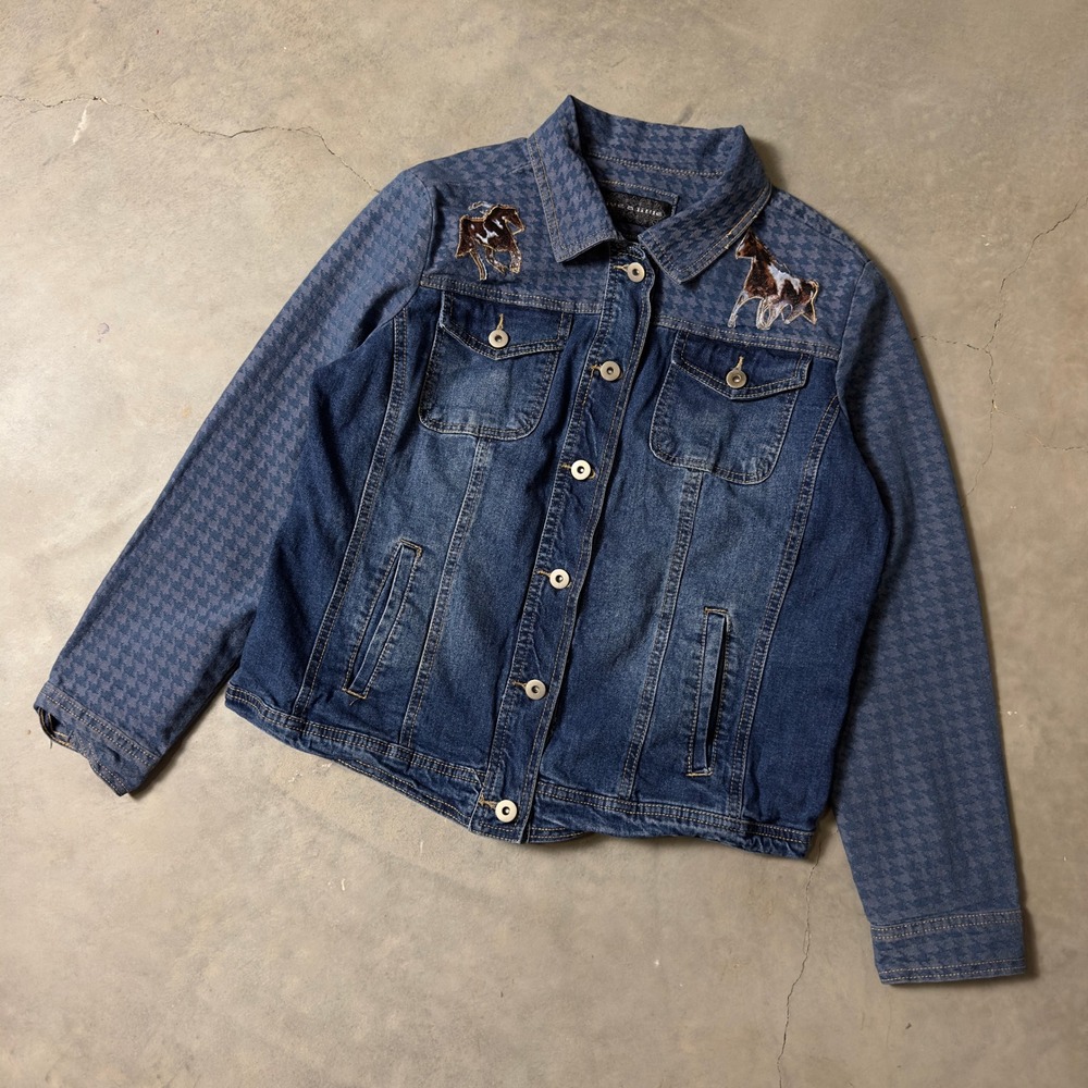 Vintage Live a Little Denim Jacket Womens Medium Blue Horse Embroidery Western